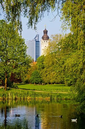 city hall and university tower in leipzigの写真素材