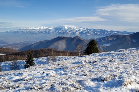 beautiful mountain view in winter on a sunny dayの写真素材