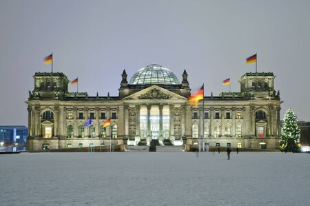 bundestag (reichstag) in winter at night with christmas treeのeditorial素材