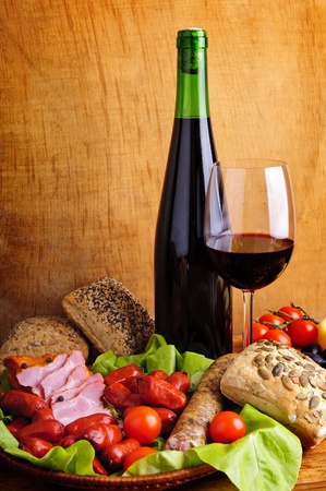 still life with traditional food and red wineの写真素材
