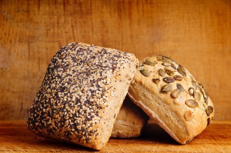 fresh pastry bread on a wooden backgroundの写真素材