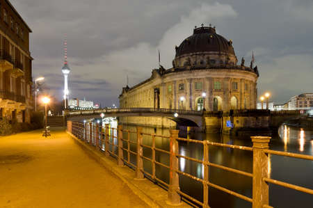 bode museum and tv tower in berlin, germany, at nightのeditorial素材