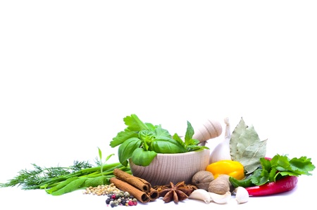 fresh green herbs, spices, mortar and pestle isolated on a white backgroundの写真素材