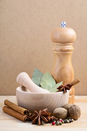 still life with spices on a wooden backgroundの写真素材