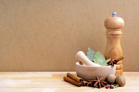 still life with spices and copy space on a wooden backgroundの写真素材