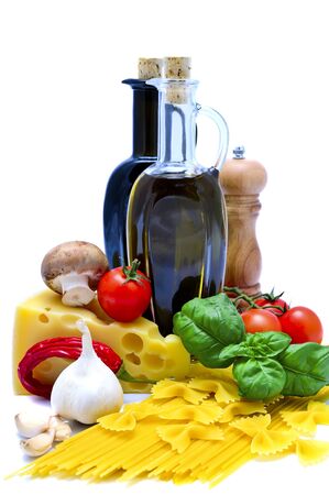 italian pasta ingredients against a white backgroundの写真素材