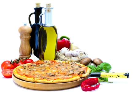 traditional pizza and italian food ingredients isolated on a white backgroundの写真素材
