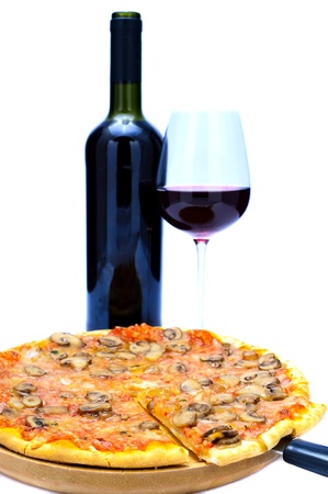 red wine and italian pizza on a white backgroundの写真素材