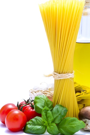italian pasta ingredients with copy space on a white backgroundの写真素材