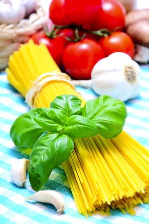 still life with italian spaghetti and ingredientsの写真素材