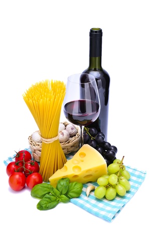 italian pasta ingredients and red wine isolated on a white backgroundの写真素材