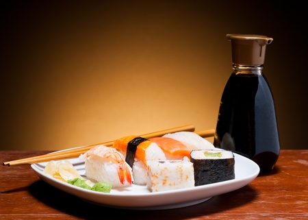still life with fresh sushi and bottle of soy sauceの写真素材