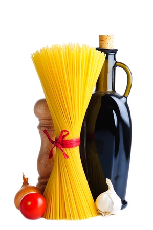 spaghetti pasta and ingredientsの写真素材