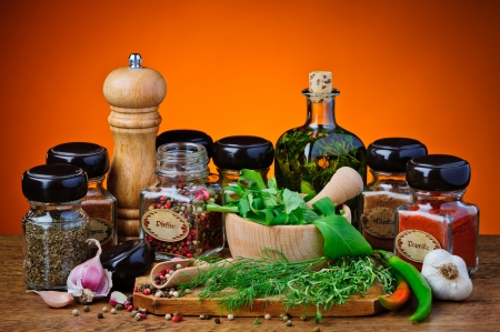 still life with various spices and herbsの写真素材