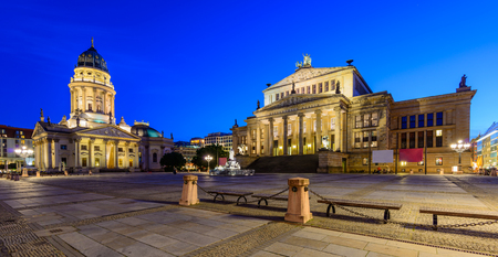 panorama cityscape with german cathedral and konzerthaus in berlin, germany, at nightのeditorial素材