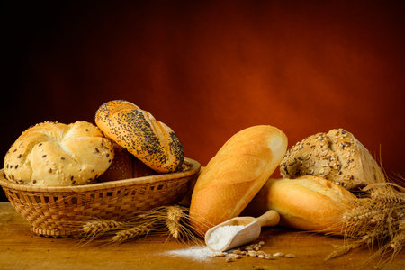 still life with traditional bread, pastry and ingredients