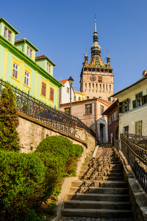 stairs leading to clock tower in Sighisoara, Transylvania, Romaniaの写真素材