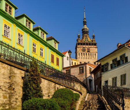 stairs leading to clock tower in Sighisoara, Transylvania, Romaniaの写真素材