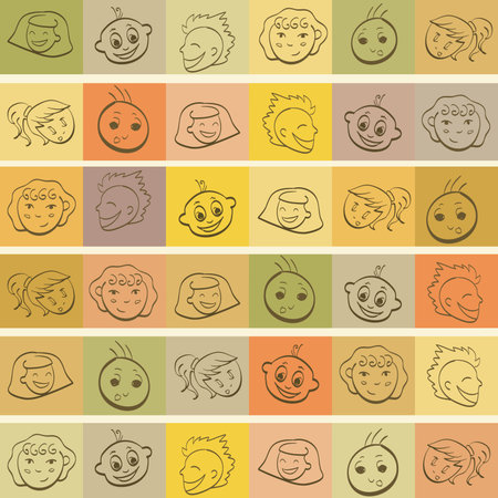 Funny kids faces on colorful vintage background . Clip-art, Illustration.のイラスト素材