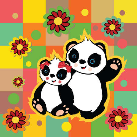 Illustration of beautiful valentine panda bears on colorful background . Clip-art, Illustration.のイラスト素材