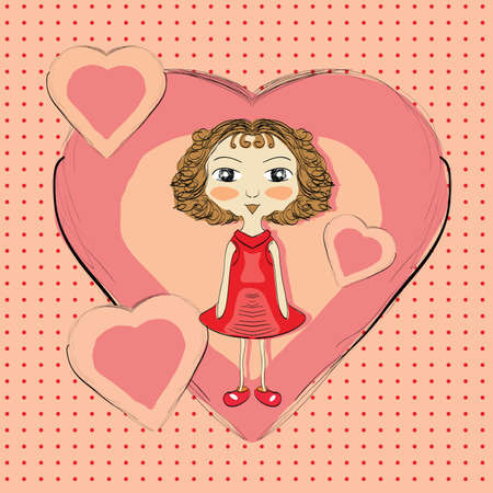 Illustration of hand drawn girl with pink hearts . Clip-art, Illustration.のイラスト素材