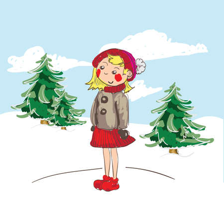 Little Girl in Nature Landscape Hand Drawn . Clip-art, Illustration.のイラスト素材