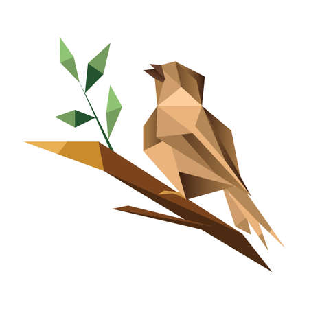 Origami sparrow isolated on white background sitting on  branch with green leavesのイラスト素材