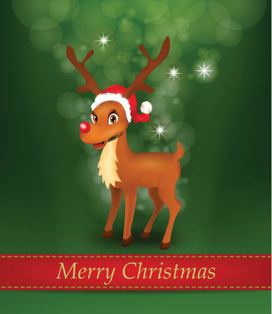Christmas Shiny Background with Reindeer wearing Santa Claus Hat. Clip-art, Illustration.のイラスト素材