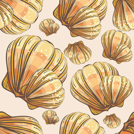 Illustration of hand drawn, retro style, scallop seashell seamless patternのイラスト素材