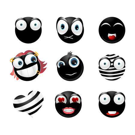Collection of glossy black emoticons isolated on white backgroundのイラスト素材