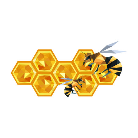 Illustration of origami honeycomb design and bees isolated on white backgroundのイラスト素材