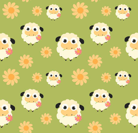 Seamless pattern with flat sheep on green backgroundのイラスト素材