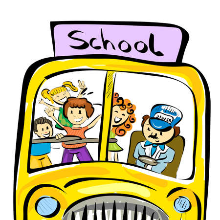 Illustration of doodle school bus with kids isolated on white backgroundのイラスト素材