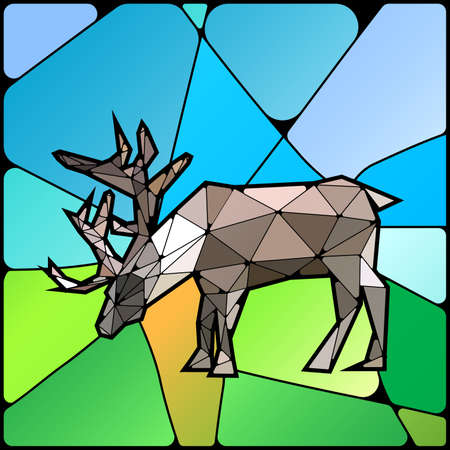Illustration of colourful stained glass with deer on landscapeのイラスト素材