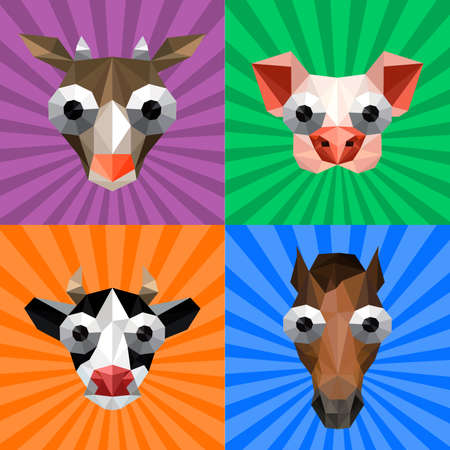 Illustration of funny origami set with farm animals on retro backgroundのイラスト素材