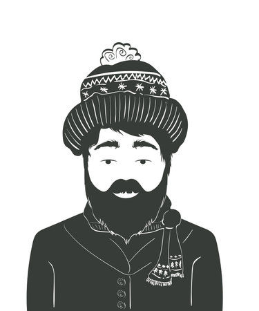 Illustration of modern beard man with hat and scarf isolated on white backgroundのイラスト素材
