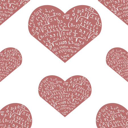 Seamless pattern with mathematics formula on pink heart shapes