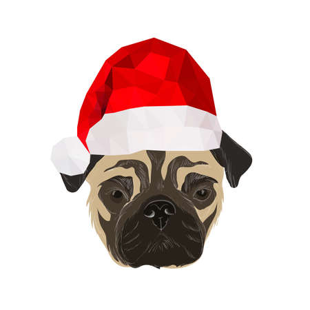 Illustration with doodle pug with origam christmas hat isolated on white backgroundのイラスト素材