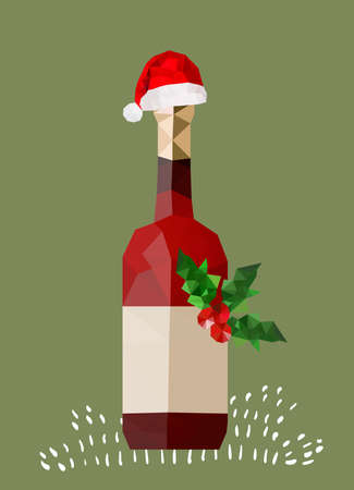 Illustration of origami wine bottle with christmas hatのイラスト素材