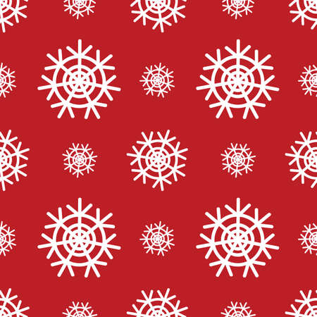 Seamless illustration with doodle snowflakes on red backgroundのイラスト素材