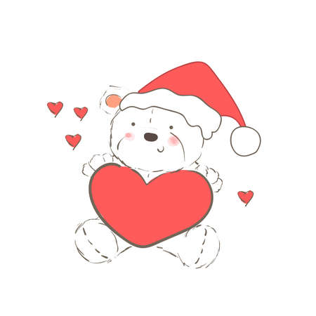 Illustration with christmas bear wearing red hat isolated on white backgroundのイラスト素材