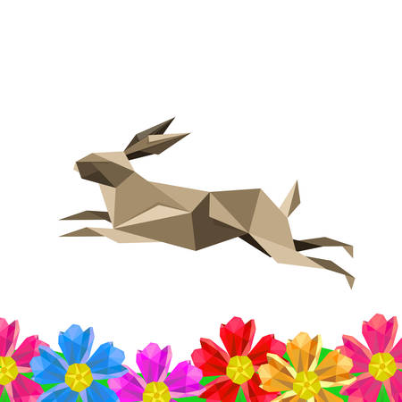 Illustration with origami rabbit and flowers on white backgroundのイラスト素材