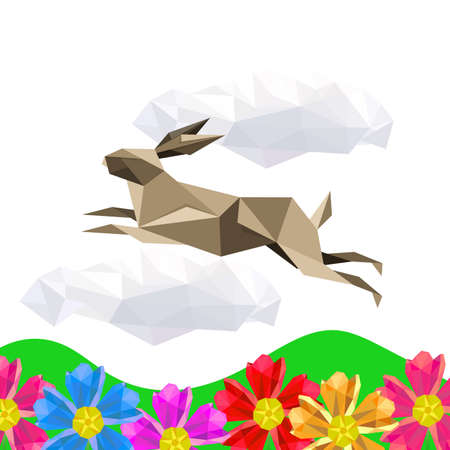 Illustration with jumping origami rabbit on flower landscapeのイラスト素材
