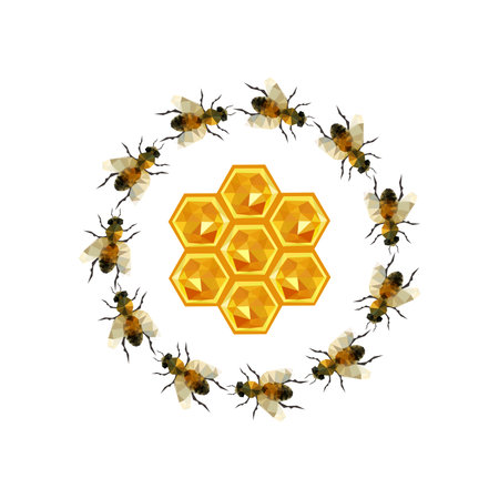 Modern origami illustration with a grup of bee and honeycomb isolated on white background