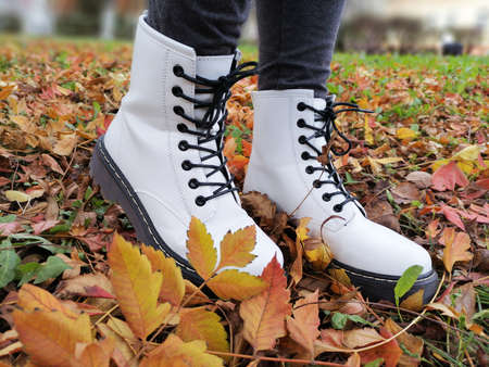 Autumn walk. Closeup of wonderful white boots on the fallen golden leaves. Fall concept. Beautiful modern white shoes with black laces.の写真素材