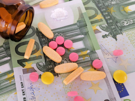 Closeup of different types of pills and glass bottle on a one hundred European banknote â euro. High costs of health care. Health for money.の写真素材