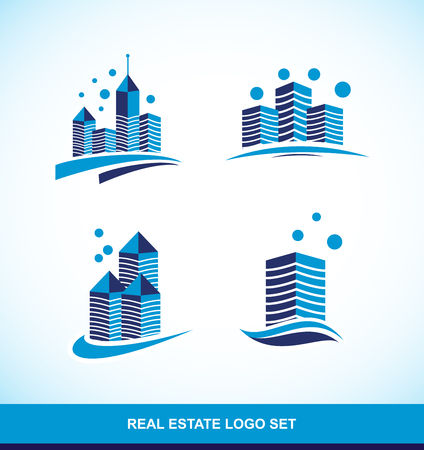 company logo icon element template real estate blue flat building setのイラスト素材