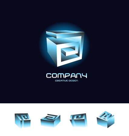 Vector company logo icon element template 3d blue cube abstract set blue glow black backgroundのイラスト素材