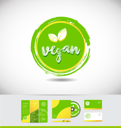 Vegan badge circle green leaf grunge icon design corporate identity set cd brochure business cardのイラスト素材