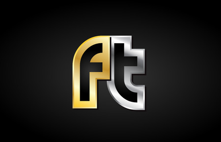 FT F T gold golden silver alphabet letter metal metallic grey black white background combination join joined together logo vector creative company identity icon design template modernのイラスト素材